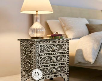 Floral Bone Inlay Bedside Table, Handmade Nightstand, Resin End Table,