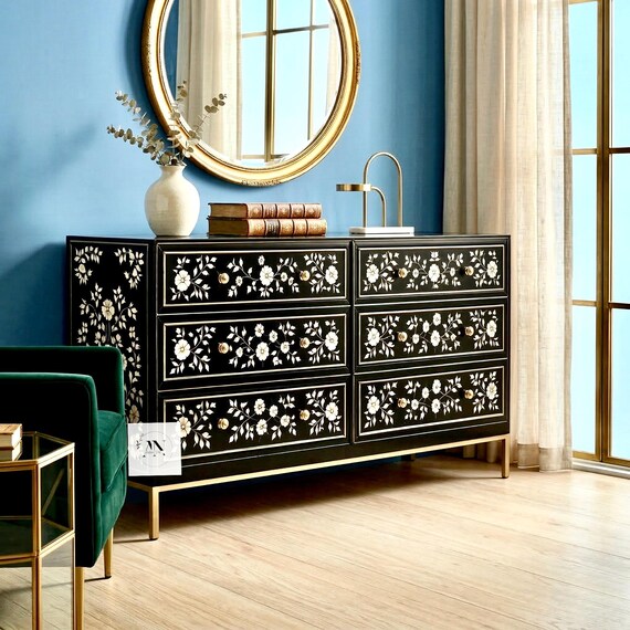 gold inlay dresser Handmade Bone Dresser, Floral Indian Furniture, Six Drawer Chest keepsake