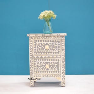 Bone Inlay Floral Design Bedside Table, Bone Inlay Nightstand, Bone Inlay Furniture,