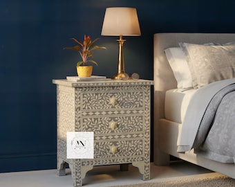 Bone Inlay Floral Nightstand, Three Drawer Bedside Table, Handmade Furniture