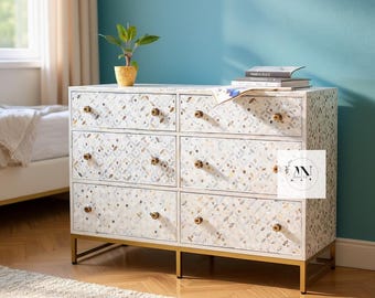 Handmade Mother of Pearl Inlay Dresser, Six Drawer Bone Inlay Furniture
