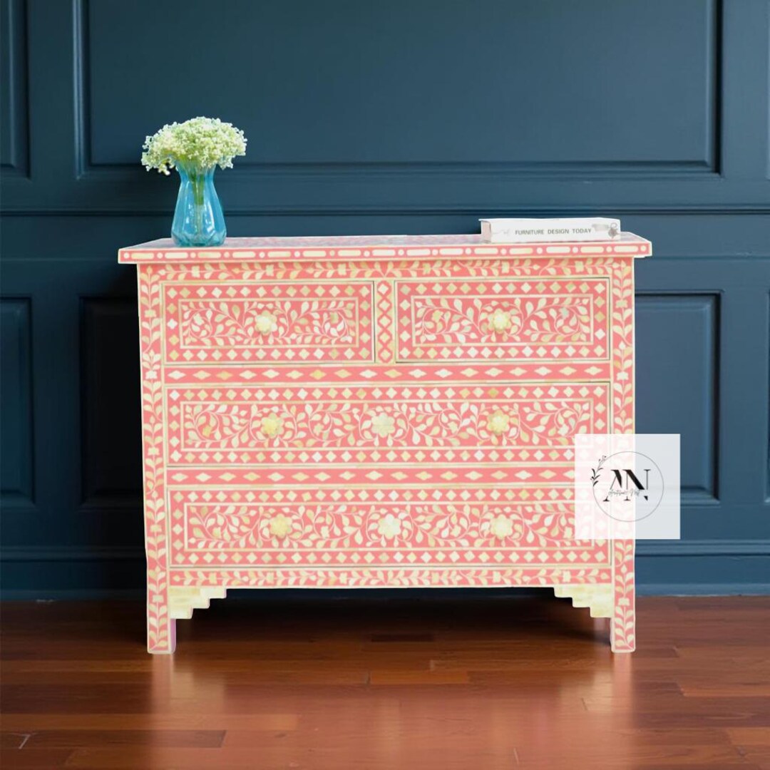 Bone Inlay Four Drawer Chest,, Bone Inlay Floral Chest of Drawer ...