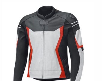 Herren Motorrad Racing Lederjacke | Sport Biker Reitausrüstung | Schwarz Weiß Rot Sichere Kleidung