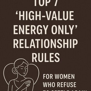 Puede incluir: Un gráfico marrón con texto blanco que dice "TOP 7 'HIGH-VALUE ENERGY ONLY' RELATIONSHIP RULES FOR WOMEN WHO REFUSE TO SETTLE AGAIN." Un dibujo lineal de una mujer está en el lado izquierdo del gráfico.