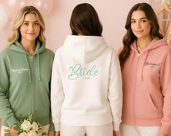 Felpe con zip personalizzate per damigelle d'onore, felpa con cappuccio ricamata con data di matrimonio della sposa, felpa con cappuccio con monogramma per addio al nubilato, regalo per addio al nubilato per lei