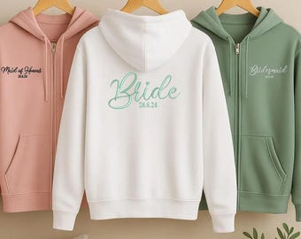 Sudadera con cremallera y bordado para dama de honor, sudadera personalizada para la fecha de la boda de la novia, sudadera personalizada para despedida de soltera, regalo de despedida de soltera para ella