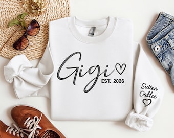 Maglione Gigi ricamato con nomi dei bambini sulla manica, felpa personalizzata per la nonna, regalo personalizzato per i nonni, regalo per la festa della mamma per Gigi