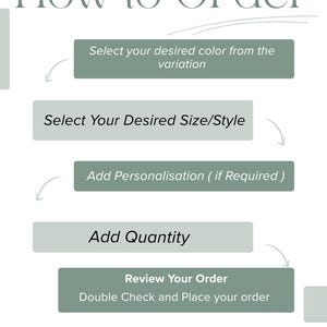 May include: An instructional graphic titled "How to Order" detailing the purchase process. Steps include selecting colour, size/style, adding personalisation, and quantity. The final step is to review and place the order. The shop name "AnnmolCreations" is at the bottom.