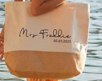 Personalised Name Hen Do Bachelorette Party Bags, Custom The Bride Beach Bag, Bridesmaid Bridal Team Wedding Bag, Canvas Printed Bag for Her
