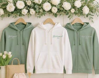 Felpa con cappuccio personalizzata ricamata per damigelle d'onore, felpa con cappuccio con zip personalizzata con data di matrimonio, maglione per la futura sposa, regali per addio al nubilato, regalo per damigella d'onore