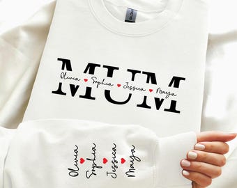 Custom Kids Name On Sleeve and Chest Jumper, Mum Monogram Printed Sweatshirt, Personalised Mama Crewneck Sweater, Mothers Day Gifts for Mum