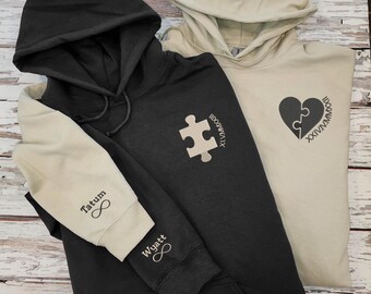 Gestickter Paar-passender Hoodie, personalisierter Datumspullover mit römischen Ziffern, benutzerdefinierter GF BF Herz & Puzzleteil-Hoodie, Paar-Jubiläumsgeschenk