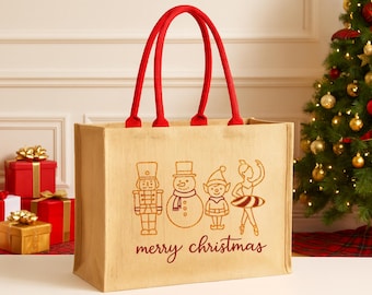 Merry Christmas Gift Bag, Eco-Friendly Burlap Sack Bag, Reusable Jute Holiday Printed Bag, Christmas Wrapping Bag, Santa Xmas Gift Packaging
