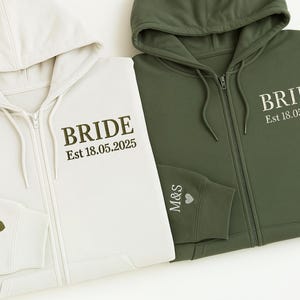 Personlig huvtröja med dragkedja för brud, matchande huvtröjor med initialer och Mr Mrs, broderade huvtröjor för årsdagar, presenter till brudduschen