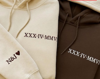 Roman Numeral Embroidered Matching Hoodie, Personalised Couple Anniversary Date Hoodie, Custom Initials With Heart on Sleeve, Boyfriend Gift