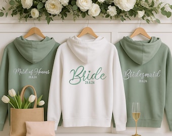 Sudadera con cremallera bordada para damas de honor, sudadera personalizada para la fecha de la boda de la novia, jersey personalizado para el equipo de la novia, regalos para despedidas de soltera
