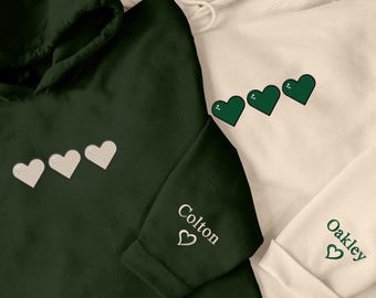 Embroidered Heart Hoodie with Name on Sleeve, Personalised Valentines Day Hoodies, Matching Couples Jumpers, Anniversary Memorial Gifts