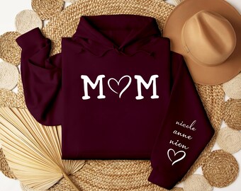 Personalised Mom Hoodie with Kids Names, Custom Mama Heart Printed Hoodie, Mother's Day Gift, Mom of Boys Girls Jumpers, Gift for Grandma