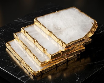 White Agate Coasters Set with Gold Rim, Natural Stone Drink Coasters, Luxury Home Decor