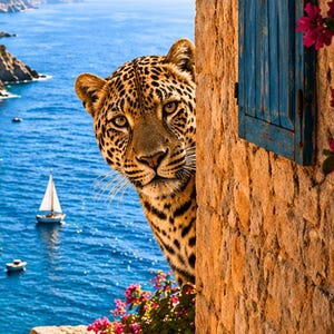 Póster de leopardo con arco y vista al mar – Arte mural de animales mediterráneos – Arte mural de leopardo con vista costera – Póster moderno – PDF DIN A1 - A5