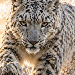 Puede incluir: Un leopardo de las nieves saltando, con un fondo de montañas nevadas y un cielo al atardecer. El pelaje manchado del felino y su mirada intensa son prominentes, con gotas de agua y nieve que añaden dinamismo a la escena.