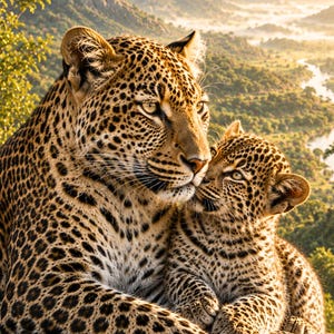 Può includere: Un leopardo adulto e un piccolo cucciolo di leopardo riposano insieme su uno sperone roccioso. Entrambi gli animali presentano un manto bruno-dorato coperto da distinte rosette nere. L'adulto guarda avanti mentre il cucciolo si appoggia al suo fianco.
