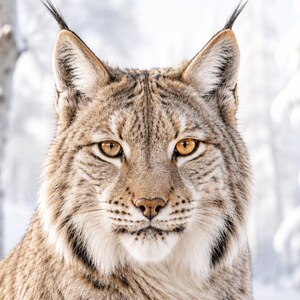 Könnte beinhalten: Ein Luchs mit dichtem, hellbraunem Fell mit dunkelbraunen Flecken, markanten schwarzen Ohrpinseln und auffälligen bernsteinfarbenen Augen. Das Tier hat ein breites Gesicht mit weißem Backenbart und eine kurze, dunkel gefleckte Schnauze.