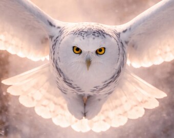 Schneeeule im Flug, snow owl in Flight Poster, Wandbild aus der Serie Wild Moments, Wildlife Wall Art, Nature Print, Tierposter Eule