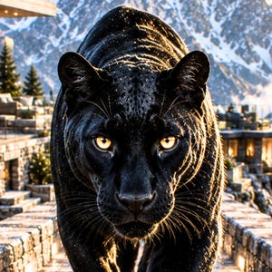 Poster di una Pantera Nera sullo sfondo di imponenti montagne alpine e lussuose ville di montagna nella luce dorata del tramonto (PDF, DIN A1 - DIN A5)