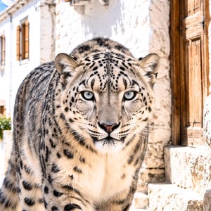 May include: A snow leopard with a distinctive spotted coat and striking blue eyes strides along a cobbled street. The background shows white buildings, wooden doors, and a snow-covered mountain range under a clear blue sky.