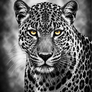Puede incluir: Un retrato en blanco y negro de alto contraste de un leopardo mirando al frente. El animal presenta manchas oscuras detalladas en su pelaje, largos bigotes blancos y unos llamativos ojos amarillos que destacan sobre los tonos.