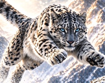 Póster de leopardo de las nieves saltando, lámina de leopardo de las nieves saltando, arte mural de vida silvestre, animal en movimiento, arte de paisaje de montaña, idea de regalo