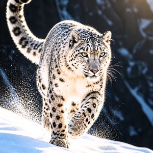 May include: A snow leopard with a white and grey coat and black spots strides across a snowy landscape. The big cat is captured in motion, with its tail curled and its eyes focused forward. Mountains are in the background.
