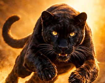 Póster de pantera en pleno salto, arte mural de pantera negra, arte de vida silvestre en movimiento, idea de regalo de póster de animales, descarga digital en PDF A1-A5