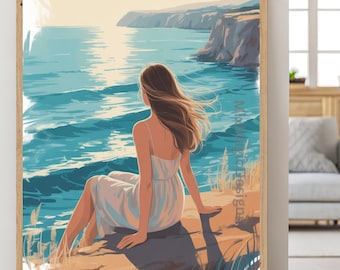 Summer coastal poster – woman by the sea illustration, romantic cliff scenery, tranquil beach wall art, modern boho art poster