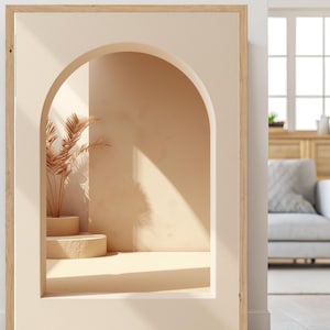 Boho architecture poster with a rounded arch in beige – calm wall decoration with warm light, minimalist home poster as a PDF in DIN A1–A5