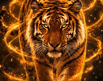 Golden Energy Tiger Poster, Black Gold Animal Wall Art, Modern Tiger Wall Mural, Wildlife Art Print, Printable Art