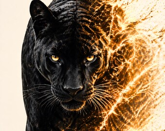 Panther Split Light Poster – Modern Wildlife Wall Art, Black and Gold, Living Room Decor, Gift, PDF DIN A1 - A5