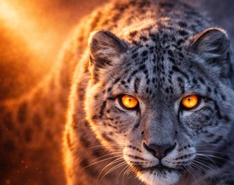Light Contrast Wildlife Serie – Schneeleopard Poster, Leuchtende Augen Wandbild, Modern Tierkunst, Dramatic Light Print, Download