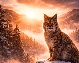 Póster de lince al atardecer en las montañas, arte mural de lince en la naturaleza y la nieve, lámina de arte animal con paisaje forestal, decoración para sala de estar, regalo.