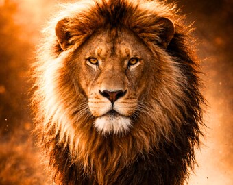 Lion poster, front view, modern lion wall art, animal poster for living room, striking wall art, elegant wildlife print, gift idea (PDF, DIN A1-A5)
