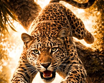 Snow Leopard Poster Jumping, Snow Leopard Wall Art, Modern Animal Poster, Wildlife Action, Mountain Landscape Art, Gift Idea PDF DIN A1 - A5