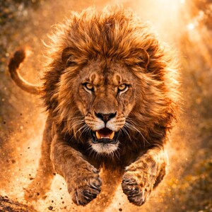 May include: A majestic lion in mid-leap, captured in a dynamic action shot. The lion's golden mane and fur are illuminated by warm sunlight, creating a dramatic effect. Dust and debris are kicked up as the lion moves, emphasizing its power and agility.