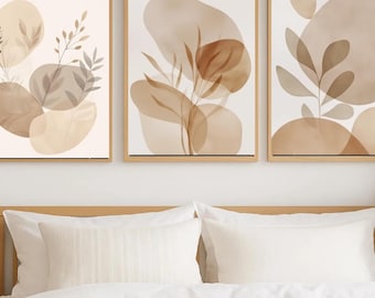 Ensemble de 3 affiches botaniques abstraites beiges – Décoration murale moderne avec feuilles, art mural organique apaisant et intemporel