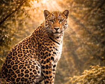 Póster de leopardo, arte mural de animales salvajes, póster de naturaleza, decoración para sala de estar, regalo, presencia silenciosa de la vida salvaje dorada