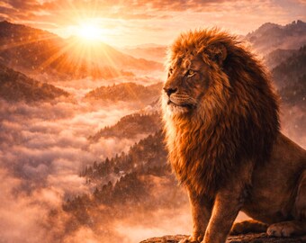 Póster de león al atardecer en las montañas, arte mural de león en rocas y naturaleza, lámina de arte animal con paisaje de bosque y niebla, decoración para sala de estar, regalo.