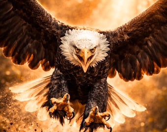 Póster de ataque de águila, póster de animales para regalo, arte mural moderno de león, decoración de sala de estar, descarga imprimible, impacto de la vida silvestre dorada