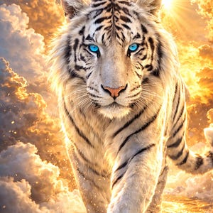 Weißer Tiger Poster mit blauen Augen im goldenen Licht, Celestial Tiger Wall Art, White Tiger Poster – Spirit Animal Wandkunst Mystisch