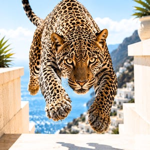May include: A leopard with a spotted coat and intense gaze is captured mid-stride, descending a stone staircase. The background features a bright blue sky, ocean, and coastal buildings, creating a dramatic and dynamic scene.