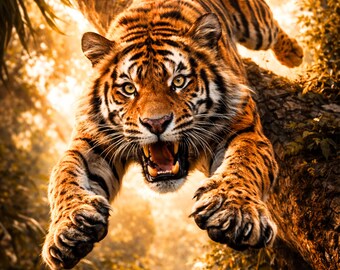 Póster de tigre, arte mural de tigre saltando, póster de vida salvaje en movimiento, estampado animal moderno, arte de la selva, regalo para amantes de los animales